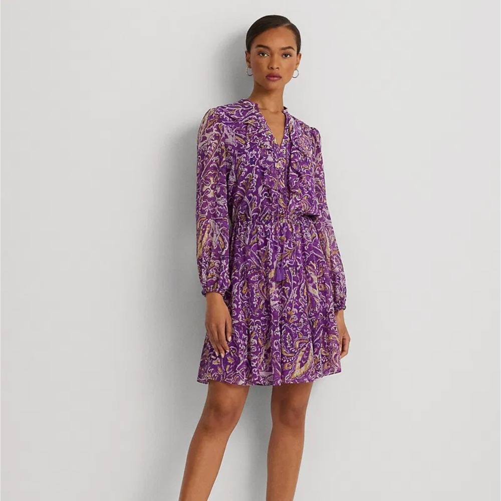 Lauren Ralph Lauren Georgette Blouson-Sleeve‎ Dress Tiered Ruffle V Neck Size 14